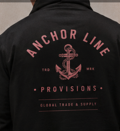 Anchor Line Provisions branded black hoodie with rose anchor mark