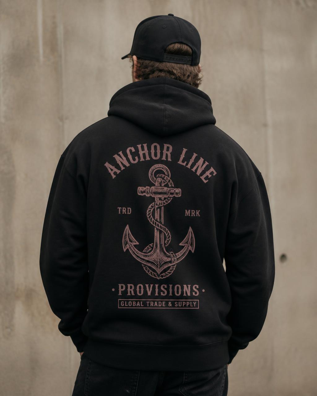 Anchor Line Provisions branded black hoodie with rose anchor mark