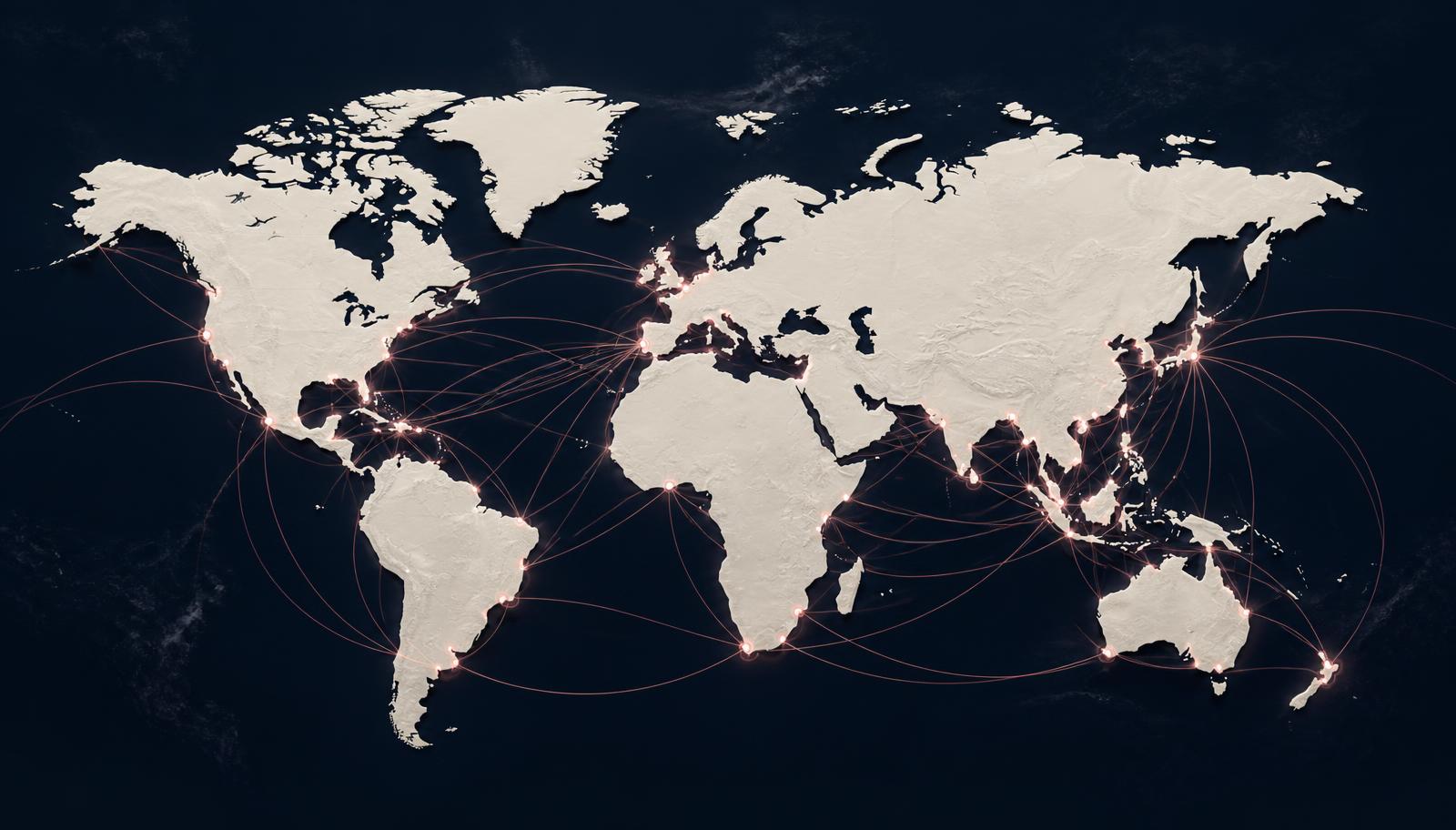 World map showing global maritime trade routes connecting seafood ports