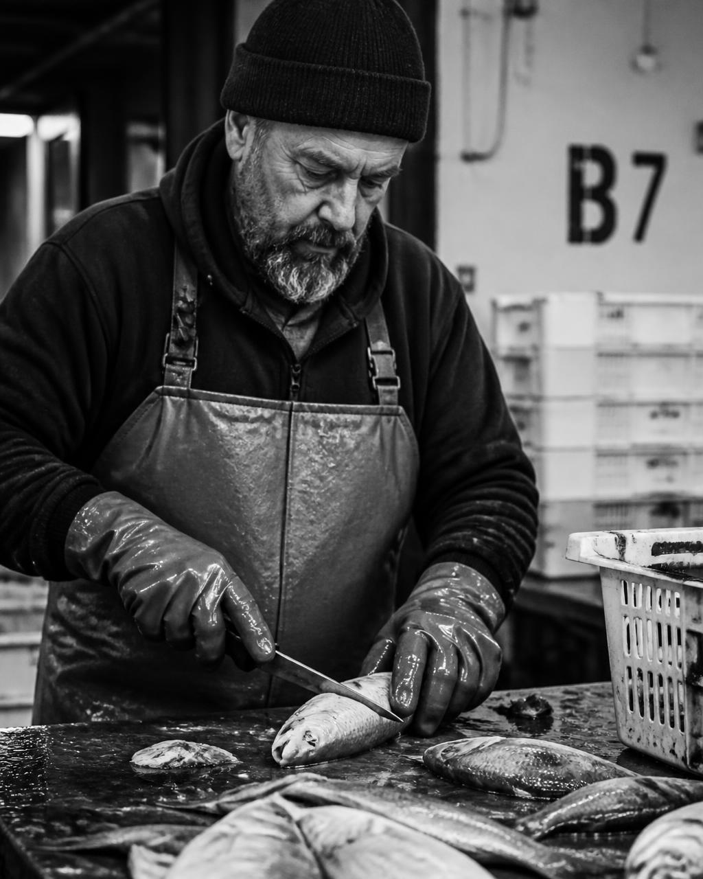 Seafood processor trimming fresh catch at a cutting table